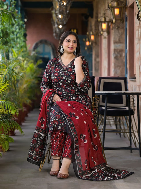 Women Plus Size Black Pure Cotton Kurta Set With Dupatta